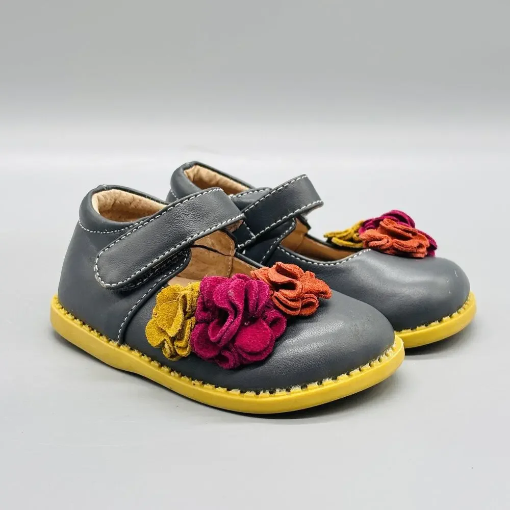 Livie & Luca Shoes Girls 4 Gray Leather Mary Jane Floral Hook & Loop Flats Dress